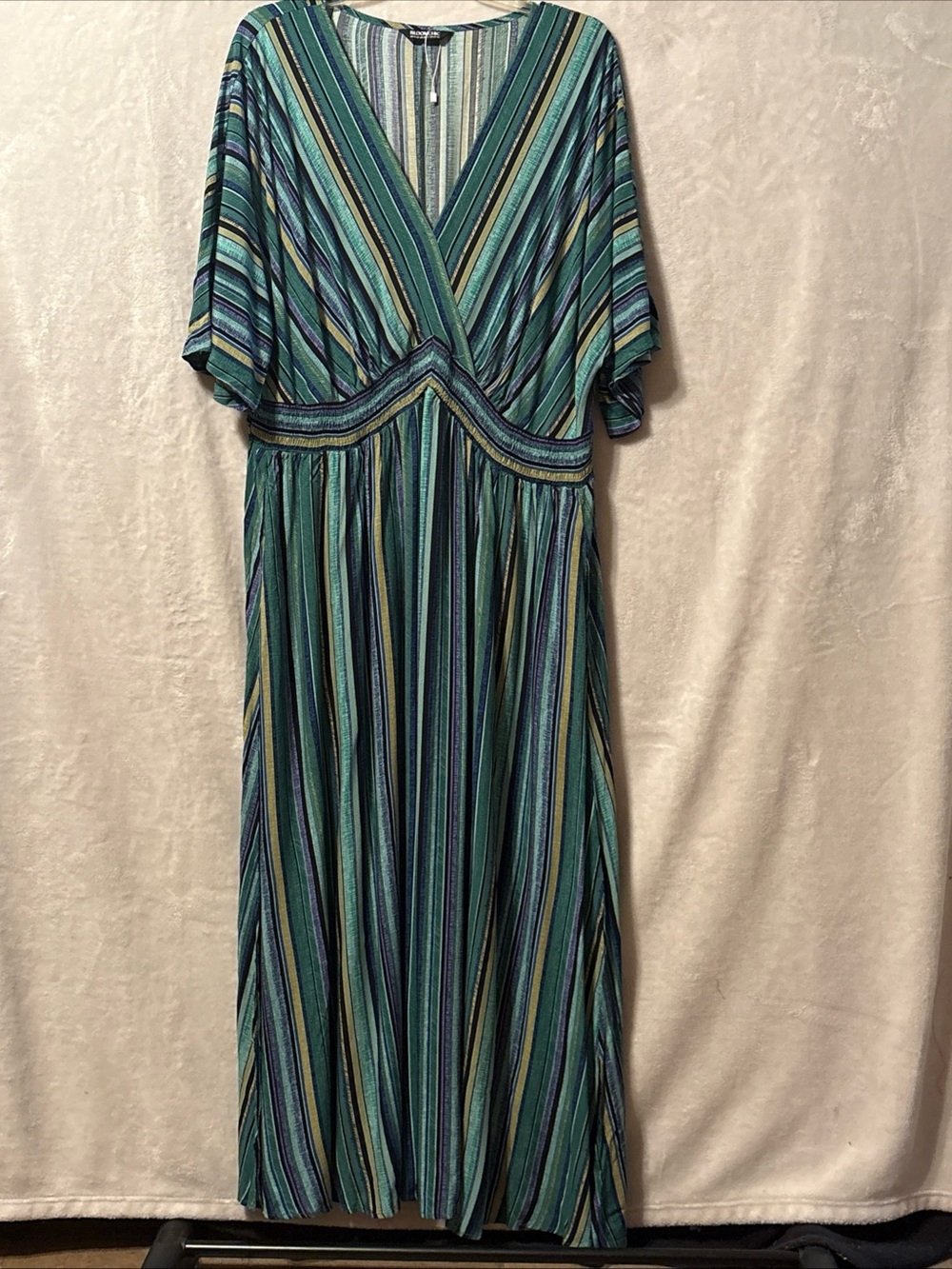 BloomChic Teal, Blue & Yellow Striped Wrap-Style Maxi Dress